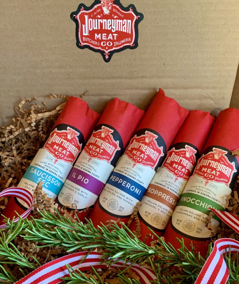 Journeyman's Salumi Sampler is a selection of 5 chubs chosen from our seasonal inventory gift packaged in a signature box.